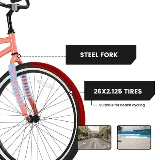NAYSAYE 26 Inch Beach Cruiser Bike Steel Frame Single Speed Adult Bike for Relaxed Outdoor Rides, Pink, 65.00"*25.00"*36.00" image {2}