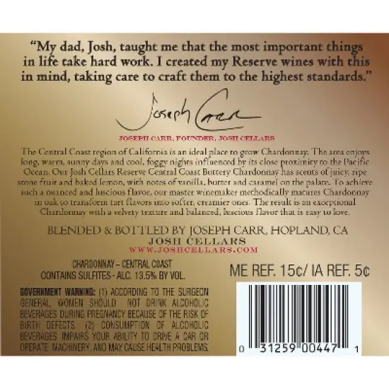 Josh Central Coast Reserve Buttery Chardonnay White Wine - 750ml Bottle image {5}