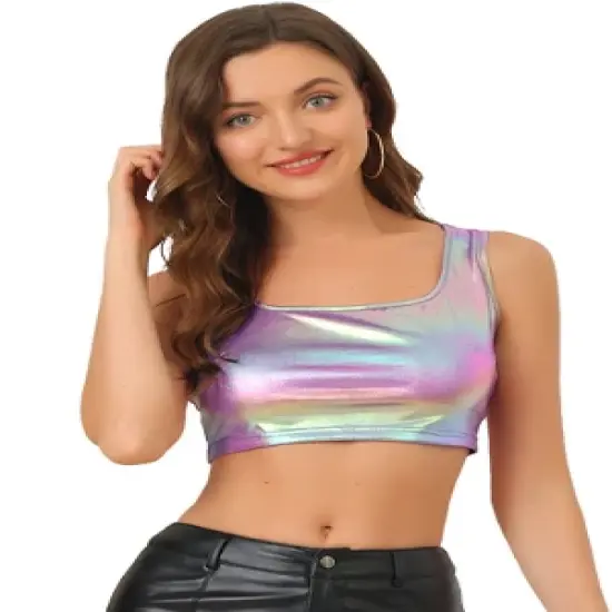 Allegra K Women's U Neck Sleeveless Party Clubwear Shiny Metallic Crop Tank Tops image {6}