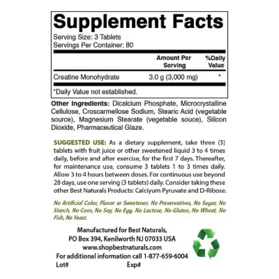 Best Naturals Creatine Monohydrate 1000 mg 240 Tablets image {1}