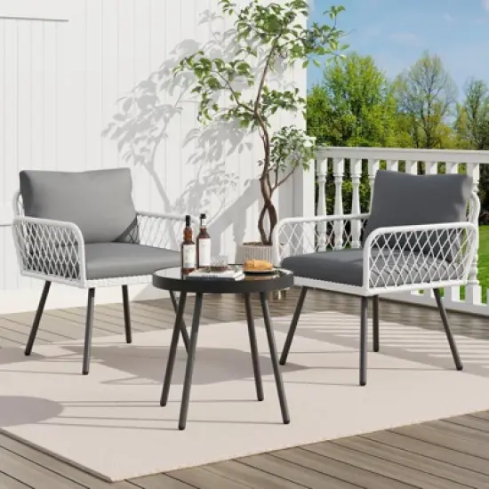 Garnee 3 Pieces Patio Bistro Set, Outdoor Wicker Set with Coffee Table, All-Weather Rattan Balcony Furniture for 3 with Table & Cushions image {5}