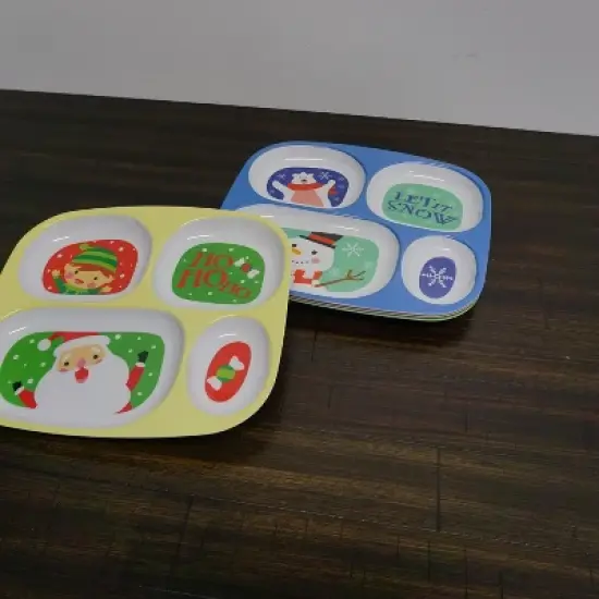 4E's Novelty Christmas Dinnerware Set: 4 BPA-free melamine plates for kids, festive and sectional, dishwasher safe. Perfect for holiday meals! image {4}