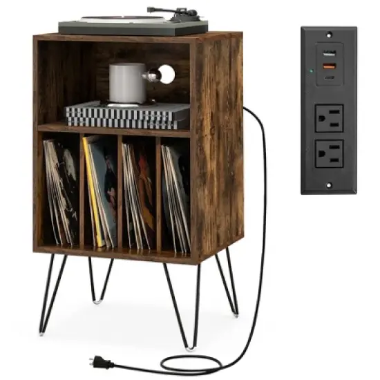 Costway 3-Tier Record Player Stand with Charging Station Shelf & 4 Dividers for Bedroom Walnut/Black/Brown image {11}