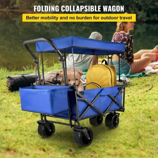 YONWAY Large Collapsible Garden Cart with Removable Canopy, 300LB Capacity Folding Wagon with 360&deg; Wheels & Storage,for Camping Shopping Beach,Blue image {1}