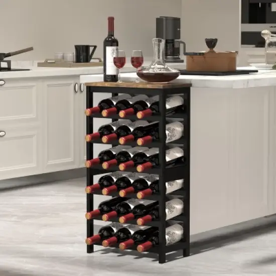 Itopfox 6-Tier Bamboo Wine Rack Freestanding Floor, 24 Bottles Wine Storage Shelves with Table Top, Stackable Display for Kitchen, Bar Rustic Brown image {1}