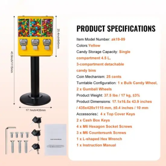 VEVOR Commercial Vending Machine, Triple Compartment Candy Dispenser with Iron Stand, Gumball and Candy Machine for Business, Yellow image {7}