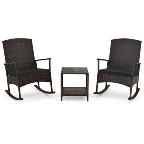 Costway 3 Piece Patio Rocking Set Wicker Rocking Chairs with 2-Tier Coffee Table Turquoise/Off White/Black image {9}