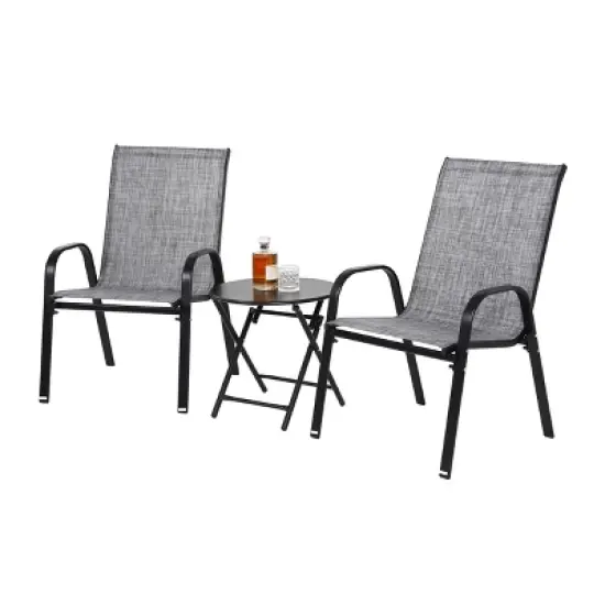 FIONECA 3-Piece Outdoor Patio Set with Folding Chairs and Steel-Top Table, Grey Breathable Textilene Fabric Camping Chairs image {5}