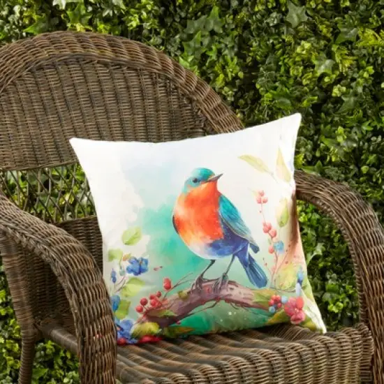 Saro Lifestyle Charming Perched Bird Outdoor Pillow with Poly Fill, 18"x18", Multicolored image {3}