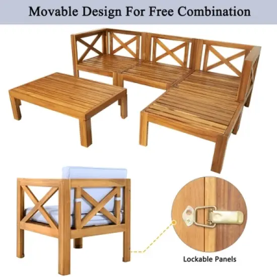 FIONECA Outdoor 5-Piece Wooden Sectional Sofa Set, Backyard Patio Seating Group with Cushions, Natural Wood Finish + Gray Cushions image {7}