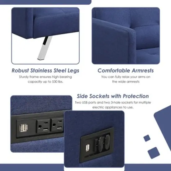 Costway Convertible Futon Sofa Bed Folding Recliner w/USB Ports&Power Strip Grey\Blue image {6}