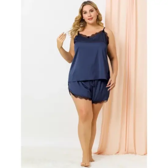 Agnes Orinda Women's Plus Size Lace Panel Elastic Waist Camisole Pajama Set image {2}
