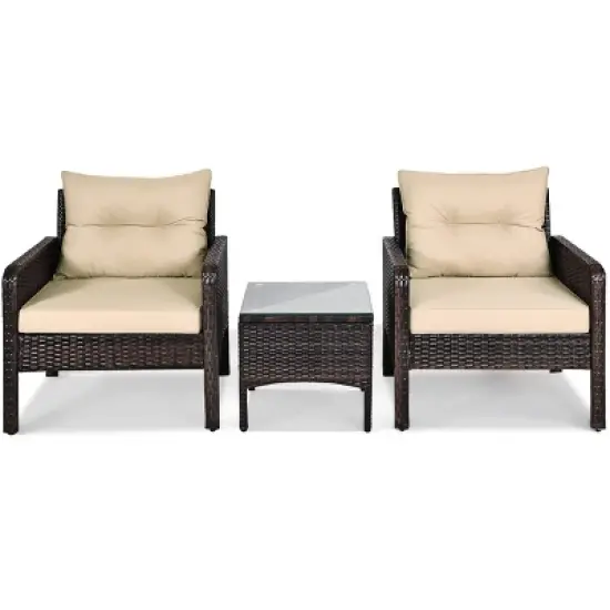 Tangkula 3PCS Outdoor Patio Rattan Wicker Conversation Set W/Cushions image {5}