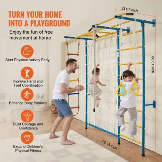 VEVOR Indoor Jungle Gym for Toddlers, 7-in-1 Climbing Playset with Carbon Steel Swedish Ladder, Wall Ladder, Pull-Up Bar, and Rope Ladder image {3}