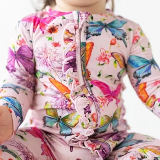 Infant Watercolor Butterfly Footie Ruffled Zippered One Piece - Posh Peanut image {1}