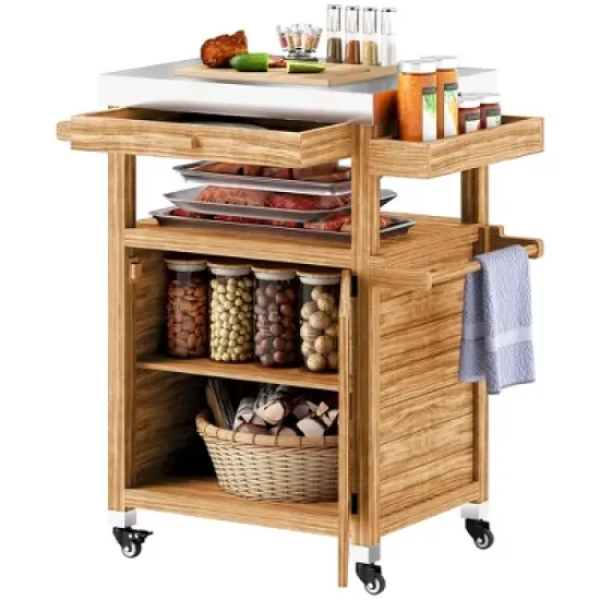 Outsunny Outdoor Grill Cart with Wheels and Storage Cabinet, Solid Wood Outdoor Kitchen Island with Stainless Steel Top, Drawer, Side Handle, Brown image {6}