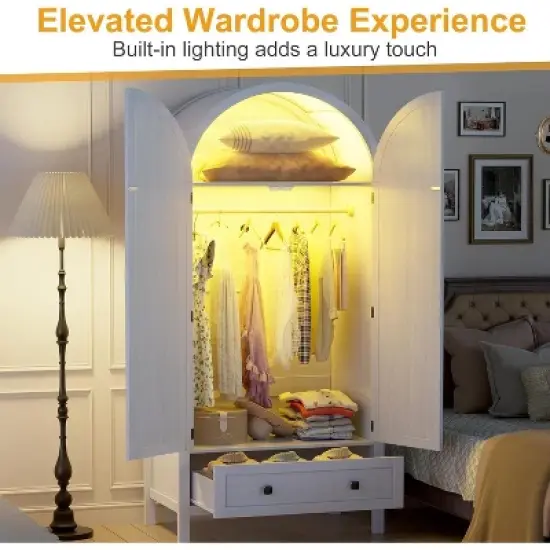 PAKASEPT 70.9&lsquo;&rsquo; Arched Wooden Armoire Wardrobe Closet with Drawers and Fluted Doors, with Light & Shelves and Hanging Rod, White image {2}