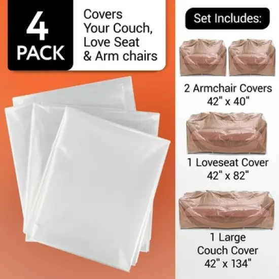Impresa [Variety 4 Pack] Plastic Furniture Covers for Moving & Storage -Couch Covers for Sofa, Loveseat & 2 Armchairs image {2}