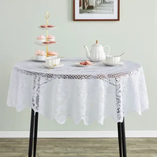 Juvale Round White Lace Vintage Tablecloth, Floral Pattern for Wedding Reception, Christmas Party (59 In) image {3}