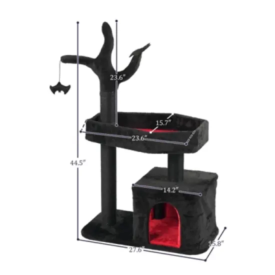 Angel Sar 44.5" Gothic Cat Tree with Coffin Bed, Large Cat Tower with Scratching Posts & Hanging Toy for Indoor Cats, Black image {2}