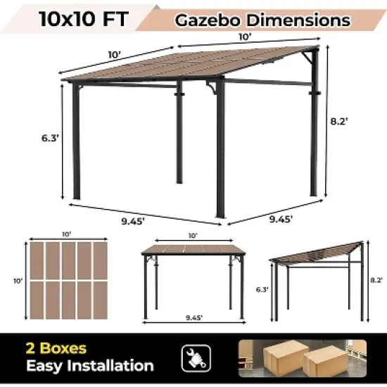 10 x 10 Outdoor Lean to Metal Awnings Large Gazebo, Hard Top Lean to Pergola Wall-Mounted image {3}