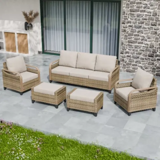 EAGLE PEAK Wicker Patio Conversation Set, 2 Chairs, 3-Seat Loveseat and 2 Ottomans, 5 Pieces image {8}