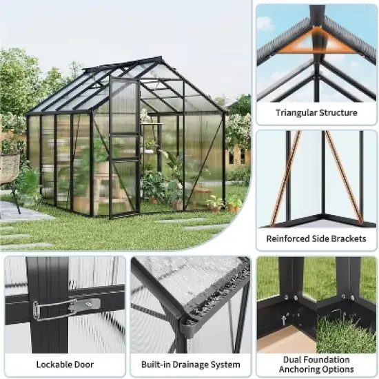Garvee 6 x 8 FT Greenhouse, Greenhouse with Aluminum Frame, Lockable Door and Ajustable Roof Vent  for Outside Garden Backyard, Patio, Black image {6}