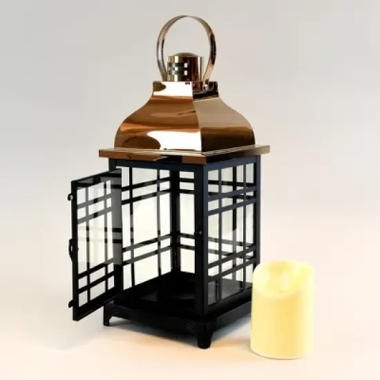 LumaBase Metal Lantern with LED Motion Flame Candle - Black with Copper Roof image {3}