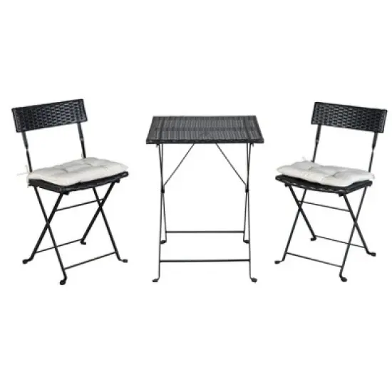 3pc Wicker Folding Outdoor Bistro Set with Cushions - Black/Beige - GODEER image {6}