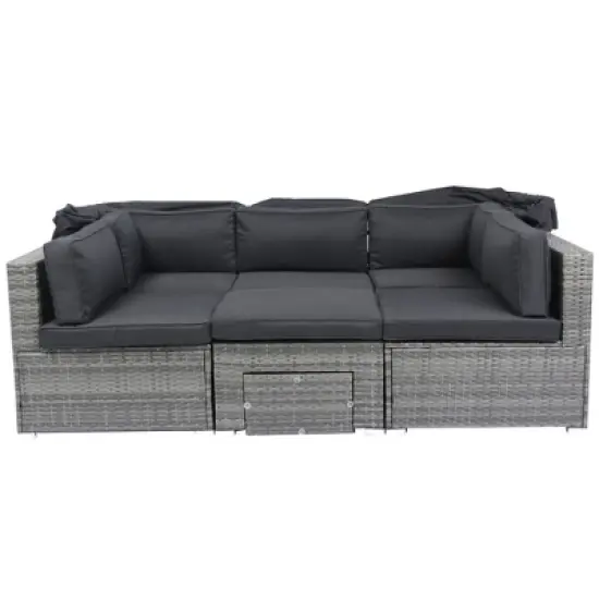 YOOCOZZ Outdoor PE Wicker Daybed & Sectional Sofa with Retractable Canopy and Removable Cushions - Black image {6}