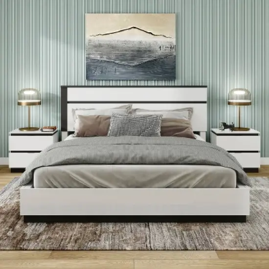 3pc Queen Pape Modern Bed with 2 Nightstands White/Metallic Gray - miBasics: Contemporary Furniture Set image {13}