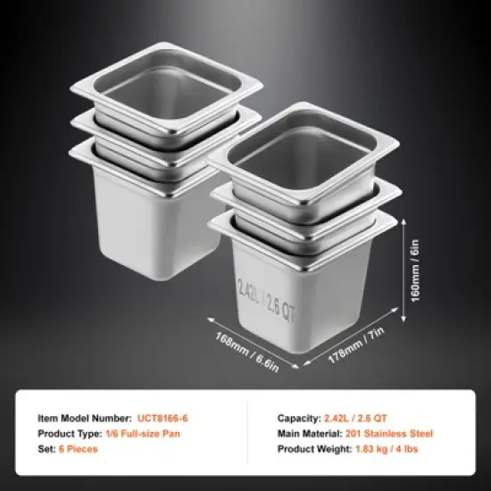 VEVOR 6 Pack Hotel Pans, 1/6  Size Anti-Jam Steam Pan, 0.8mm Thick Stainless Steel Restaurant Steam Table Pan, 6-Inch Deep Commercial Table Pan image {7}