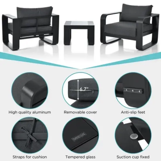 3-Piece Outdoor Aluminium Chair Set with Coffee Table and Thick Cushion image {1}