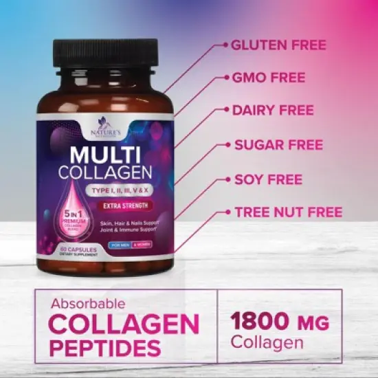 Multi Collagen Supplement, Type I, II, III, V, X Collagen Pills, Collagen Supplements, Hair, Skin, Nail & Joint - 60 Capsules By Nature's Nutrition image {5}