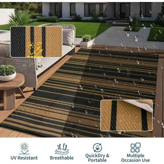 Outside Rug Modern Striped Plastic Straw Rug, Outdoor Reversible Rug, Waterproof UV-Resistant Carpet for Patio, Deck, Backyard image {6}