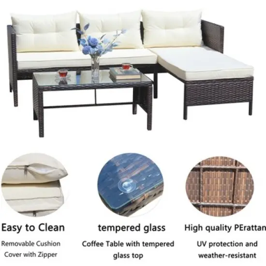 FIONECA 4-Piece Outdoor Patio Wicker Conversation Set, Rattan Sectional Sofa with Beige Cushions & Coffee Table image {3}