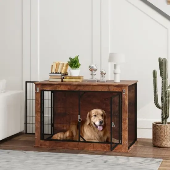 PawHut Dog Crate Furniture, 39" Dog Kennel Furniture with Flip-up Top Opening, 2 Doors, Dog Cage Side End Table for Large Dogs, Rustic Brown image {2}