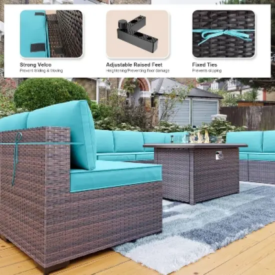 ALAULM 13PCS Outdoor Patio Furniture Set,Rattan Sectional Sofa Patio Conversation Sets with Gas Propane Fire Pit Table image {2}