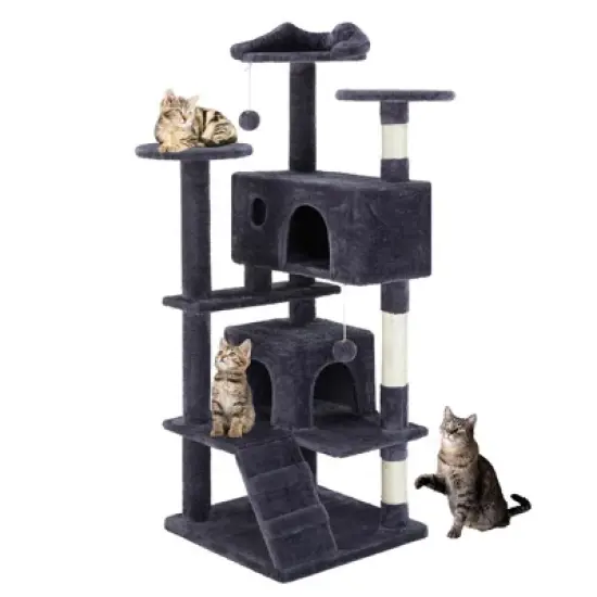Aukfa 54-Inch Cat Tree Tower with Scratching Posts, Double Condos & Dangling Toys - Beige Pet Playhouse for Kittens and Cats, Multicolor image {9}