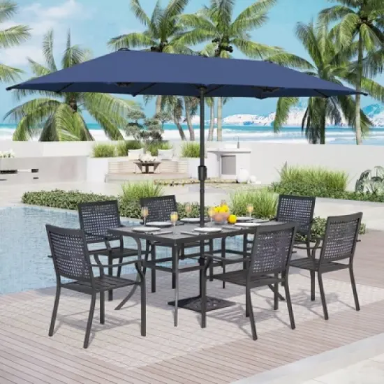 Captiva Designs 8pc Patio Dining Set with Rectangular Steel Table & Black Steel Chairs & Blue Umbrella image {15}