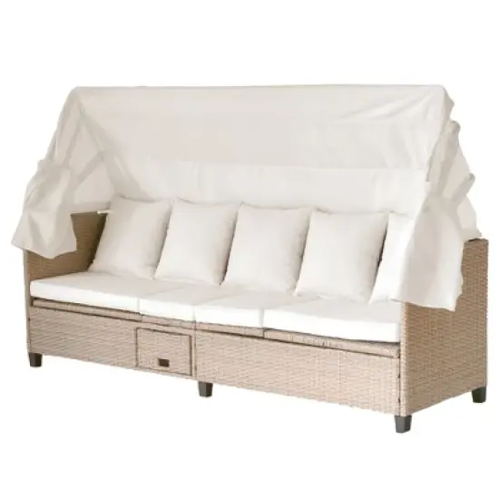 FIONECA 4-Piece UV-Proof Resin Wicker Patio Sofa Set with Retractable Canopy, Cushions & Lift-Top Table, Beige Outdoor Furniture image {6}