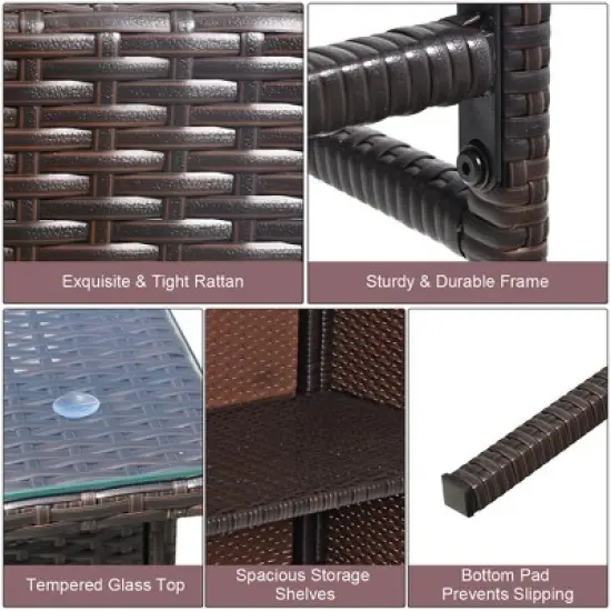 Costway Patio 3PCS Rattan Bar Table Stool Set Cushioned Chairs with  Cover image {6}