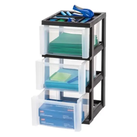 IRIS USA Medium 3 Drawer Cart with Organizer Top, Black image {2}