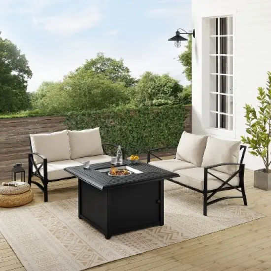 Kaplan 3pc Outdoor Conversation Set with Fire Table & 2 Loveseats - Oatmeal - Crosley image {4}