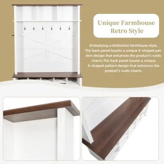 TiramisuBest Farmhouse Hall Tree with Bench, 6 Hooks, Adjustable Shelves & 16 Open Compartments - Entryway Organizer for Mudroom/Living Room (White) image {3}