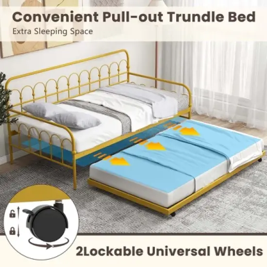 Costway Twin Size Metal Daybed with Trundle Space-Saving Sofa Bed Lockable Wheels Gold image {5}
