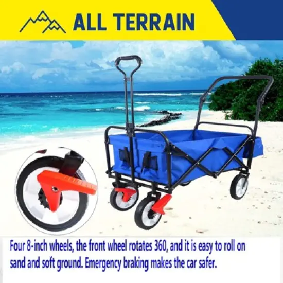 RISOKEYS Folding Collapsible Utility Wagon with Push Bar and Adjustable Handles, 150lbs Capacity Cart Buggy for Beach, Garden,Parks image {6}