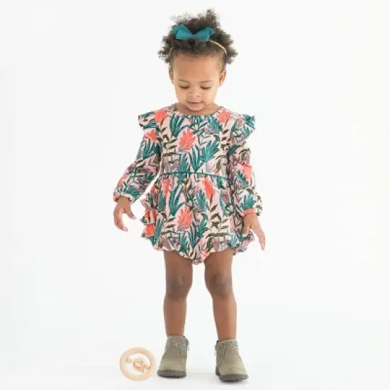 RuffleButts Infant Girls Long Sleeve Flutter Bubble Romper image {2}