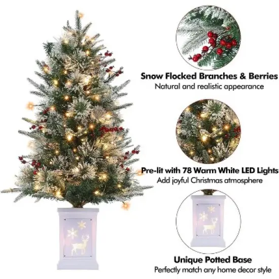 3FT Small Pre-Lit Artificial Christmas Tree with 78 LED Lights, Snow Flocked Xmas Tree with Red Berries, Pine Cones, Timer/Battery-Operated Base image {4}