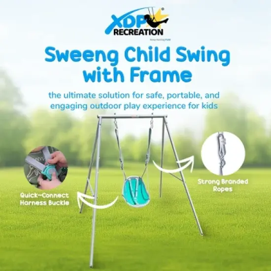 XDP Recreation Sweeng Child Swing with Frame and Harness Straps, Portable Play Set Design for Indoor and Outdoor Backyard Use, Aqua image {1}